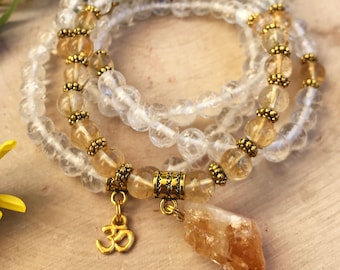 CLEAR QUARTZ & CITRINE Mala Beads | 108 Mala Necklace for Meditation, Yoga, Prayer Beads | Raw Citrine Pendant | Citrine Mala Solar Plexus