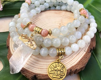 LIBRA Zodiac Mala Beads | 108 Bead Moonstone Mala for September October Birthday | Meditation Yoga Beads, Prayer Beads, 108 Mala Necklace