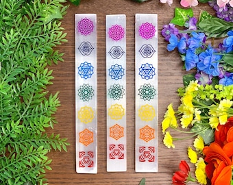 Chakra Selenite Wand |  7 in. Hand Etched Selenite Stick | Rainbow Colored 7 Chakras Crystal | Meditation Altar, Spiritual Gift | Mayan Rose