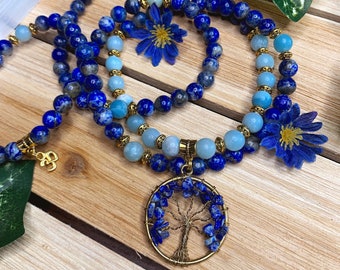 LAPIS & AMAZONITE Mala Beads | Tree of Life Necklace | 108 Mala Necklace | Lapis Lazuli Meditation Beads | Yoga Jewelry, Spiritual Gifts