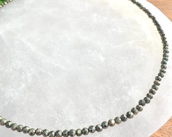 Pyrite Crystal Necklace, 2-3mm Faceted Pyrite Gemstone Necklace, 14-16 in. Tiny Bead Gemstone Choker, 100% Natural Grade A Crystal Jewelry