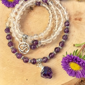 AMETHYST & CLEAR QUARTZ Mala Beads | 108 Mala Necklace for Meditation, Yoga, Prayer Beads | Raw Amethyst Pendant | Amethyst Mala Third Eye