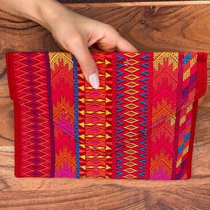 Embroidered Clutch Handbag, Red Geometric Print Women&#39;s Purse, Boho Hippie Bag, Handmade Hippy Style Purses, Southwest Native Indigenous