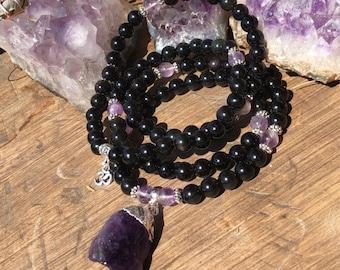 OBSIDIAN & AMETHYST Mala w/ Geode Pendant | Yoga Beads | 108 Mala Beads | Crystal Healing Meditation Mala | Om Yoga Necklace