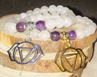 Quartz & Amethyst Crystal Bracelet for Third Eye 6th Chakra, Sacred Geometry Charm Bracelet for Yoga Meditation, Gemstone Chakra Beads