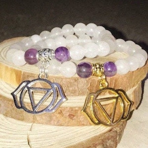 Quartz & Amethyst Crystal Bracelet for Third Eye 6th Chakra, Sacred Geometry Charm Bracelet for Yoga Meditation, Gemstone Chakra Beads
