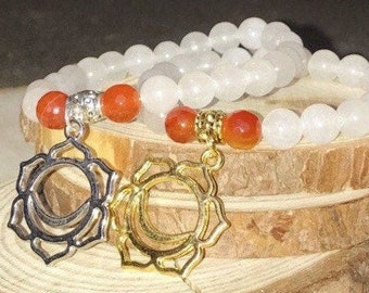 Quartz & Carnelian Crystal Bracelet, Second Chakra Beaded Bracelet for Abundance, Creativity, Sacred Geometry Charm, Yoga Meditation Jewelry