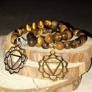 Tiger Eye Bracelet for Power & Strength, Crystal Bead Bracelet with Third Chakra Sacred Geometry Charm, Yoga and Meditation Gemstone Jewelry