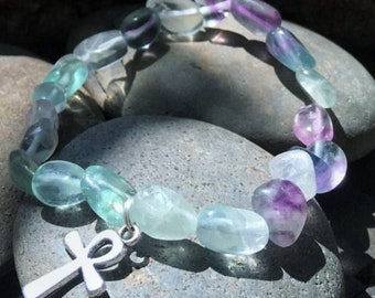 FLUORITE Ankh Bracelet - Egyptian Cross - Third Eye Chakra - 6th Chakra - Eye of Horus Pharaoh Isis, Nefertiti, Ra, Pyramid Egypt