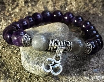 AMETHYST & LABRADORITE Bracelet | Intuition, Third Eye Chakra | 6th Sixth Chakra | Choose Charm: Om, Aum, Ankh Cross, Buddha, Tree of Life