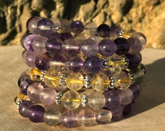 PISCES Zodiac Bracelet | FLUORITE & CITRINE 108 Bead Mala | February March Birthday | Meditation, Prayer, Yoga Beads, 108 Mala Beads