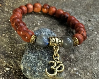 LABRADORITE & Redwood Bracelet | Choose Charm: Om, Ankh Cross, Tree of Life, Hamsa Hand Fatima | Crystal Healing Yoga Om Bracelet