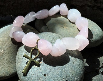 ROSE QUARTZ Ankh Bracelet - Egyptian Cross - Heart Chakra Chakra - 4th Chakra - Eye of Horus Pharaoh Isis, Nefertiti, Ra, Pyramid Egypt