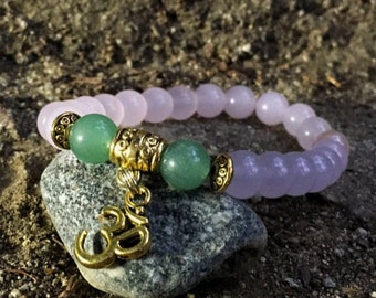 Rose Quartz & Green Aventurine Bracelet with Om Aum Charm| For Love, Prosperity, Gratitude | Heart Chakra 4th Fourth Chakra