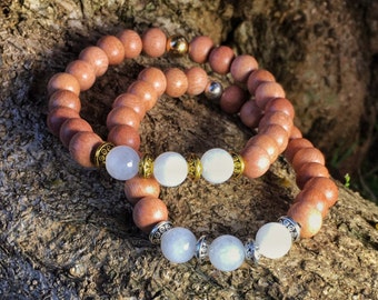 Quartz & Rosewood Bracelet | Quartz Bracelet by Mayan Rose Crown | 7th Chakra Bracelet with Milk Quartz for Peace, Spirituality