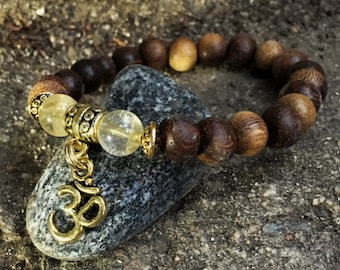 CITRINE & Wood Bracelet | Choose Charm: Om, Sun, Ankh Cross, Tree of Life, Hamsa Hand Fatima | Crystal Healing Yoga Bracelets