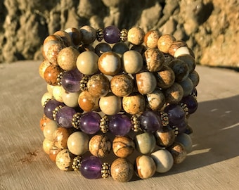 AQUARIUS Zodiac Bracelet | AMETHYST & JASPER 108 Bead Mala | January February Birthday | Meditation, Prayer, Yoga Beads, 108 Mala Beads