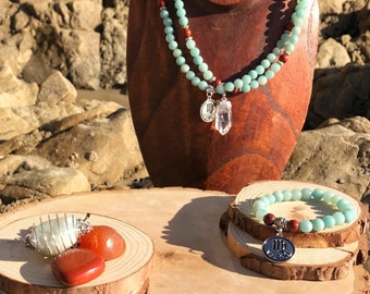 VIRGO Zodiac Gift Set 2 | AMAZONITE & Red JASPER | August September Birthstone | Mala Necklace Bracelet, 108 Mala Beads, Astrology Gifts