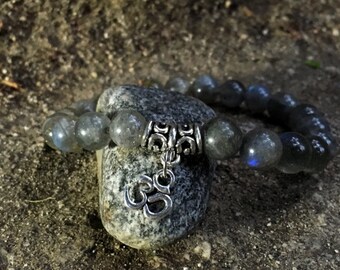 Labradorite Bracelet with Om Aum Charm | Intuition & Third Eye Chakra | 6th Sixth Chakra | Choose Charm: Ankh, Buddha, Tree of Life, Feather