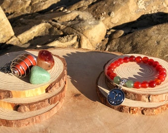 ARIES Zodiac Gift Set 1 | CARNELIAN & Green Aventurine Crystal Healing Bracelet | March April Birthstone | Astrology Gifts, Zodiac Jewelry