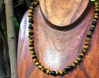 Tiger Eye Beaded Necklace for Power & Strength, Third Chakra Healing Jewelry | 18 inch Tiger Eye Beads, Crystal Necklace for Men and Women