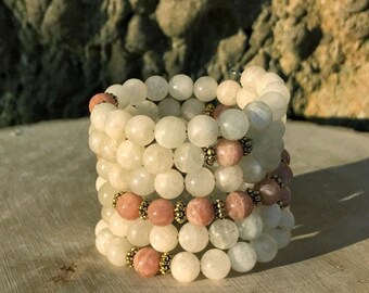 LIBRA Zodiac Bracelet | MOONSTONE & SUNSTONE 108 Bead Mala | September October Birthday | Meditation, Prayer, Yoga Beads, 108 Mala Beads