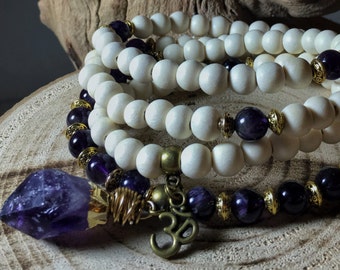AMETHYST Mala Beads | 108 Mala Necklace | 108 Mala Beads Japa Mala | Unisex Wood Gemstone Mala, Yoga Meditation Prayer Beads | Mayan Rose