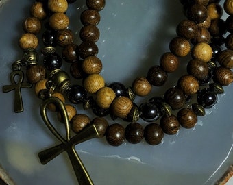 108 GARNET Mala Beads | Ankh Necklace Egyptian Jewelry | Tribal Native | Unisex Mala Necklace, Yoga Meditation Beads