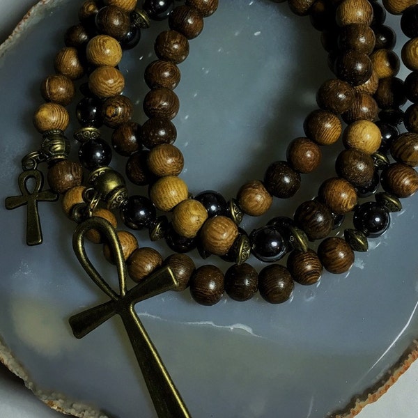 108 GARNET Mala Beads | Ankh Necklace Egyptian Jewelry | Tribal Native | Unisex Mala Necklace, Yoga Meditation Beads