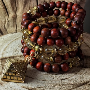 Unisex Mala Bracelet | 108 Mala Beads | Citrine & Red Wood Wrist Mala | Mala Yoga Meditation | Egyptian Ankh,  Eye of Horus,  Gold Pyramid