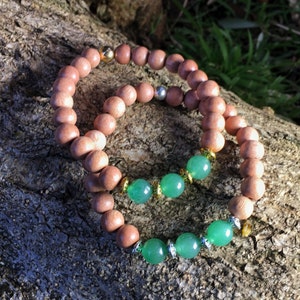 Grün Aventurin & Rosenholz Armband | Herz Chakra Armband für Liebe, Wohlstand | Holz Armband