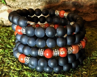Onyx & Red Jasper Meditation Mala Bracelet | 108 Bead Wrist Mala | One Size Bracelet for Men, Unisex, Crystal Healing Yoga Prayer Beads
