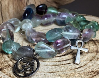 Choose Charm: FLUORITE Crystal Bracelet  w/ Ankh Cross, Eye of Ra, Goddess Isis, Om Aum Symbol, Tree of Life, Hamsa | Tumbled Fluorite