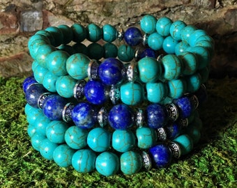 TURQUOISE HOWLITE & LAPIS Lazuli Mala Beads | Wrist Mala Bracelet for Yoga Meditation | Blue Prayer Beads | Unisex Malabeads