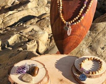 AQUARIUS Zodiac Gift Set 2 | Picture JASPER & AMETHYST | February Birthstone | Mala Necklace Bracelet, 108 Mala Beads, Astrology Gifts