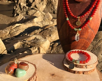 ARIES Zodiac Gift Set 2 | Carnelian & Green Aventurine | March April Birthstone | Mala Necklace Bracelet, 108 Mala Beads, Astrology Gifts