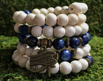 Unisex Mala Bracelet | 108 Mala Beads | Lapis Lazuli & Wood Wrist Mala | Mens Mala | Meditation Yoga Beads | Egyptian Ankh Eye of Horus