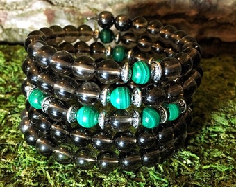 MALACHITE & SMOKY QUARTZ Mala Bracelet | 108 Mala Beads | Unisex Wrist Mala | Mala Bracelet | Yoga Meditation Prayer Beads