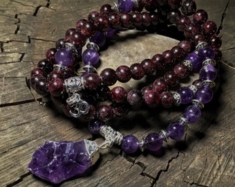 AMETHYST & GARNET Mala Beads for Third Eye, Heart Chakra  | 108 Bead Mala for Meditation, Yoga, Prayer Beads, Japa Mala