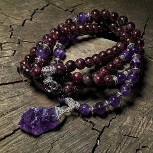 AMETHYST & GARNET Mala Beads for Third Eye, Heart Chakra  | 108 Bead Mala for Meditation, Yoga, Prayer Beads, Japa Mala