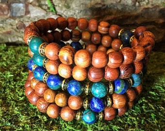 AZURITE & Red Wood Mala Bracelet | 108 Mala Beads | Unisex Wrist Mala | Mala Bracelet | Yoga Meditation Prayer Beads