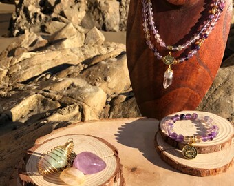 PISCES Zodiac Gift Set 2 | FLUORITE & CITRINE Amethyst | February March Birthstone | Mala Necklace Bracelet, 108 Mala Beads, Astrology Gifts