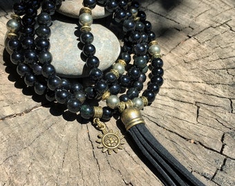 OBSIDIAN & PYRITE Mala Beads with BLACK Suede Tassel | 108 Bead Crystal Mala Yoga Necklace | Om, Meditation Beads by Mayan Rose MayanRose