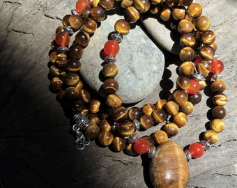 TIGER EYE & CARNELIAN Mala for Meditation | Yoga Beads | 108 Mala Beads | Crystal Healing Mala | Om Yoga Necklace by Mayan Rose MayanRose