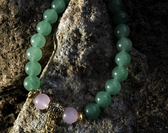 Green Aventurine & Rose Quartz Bracelet | Om Aum Bracelet | For Love, Prosperity, Gratitude | Heart Chakra 4th Fourth Chakra