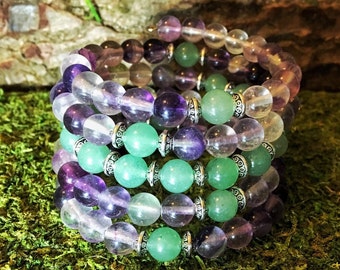 FLUORITE & GREEN AVENTURINE Mala Bracelet | Meditation Beads Wrist Mala Prayer Beads | Yoga Jewelry | Crystal Healing Heart Chakra Third Eye