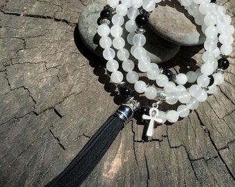 QUARTZ & OBSIDIAN Mala Beads with BLACK Suede Tassel | 108 Bead Crystal Mala Yoga Necklace | Om, Meditation Beads by Mayan Rose MayanRose