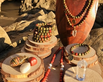 SCORPIO Zodiac Gift Set 3 | UNAKITE & Red JASPER | October November Birthstone | Mala Necklace Bracelet, 108 Mala Beads, Astrology Gifts