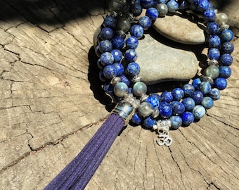 LAPIS LAZULI & LABRADORITE Mala Beads with Suede Tassel | 108 Bead Crystal Mala Yoga Necklace | Om Meditation Beads by Mayan Rose MayanRose