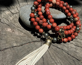 RED JASPER & PYRITE Mala Beads with Cream Suede Tassel | 108 Bead Crystal Mala Yoga Necklace | Om, Meditation Beads by Mayan Rose MayanRose